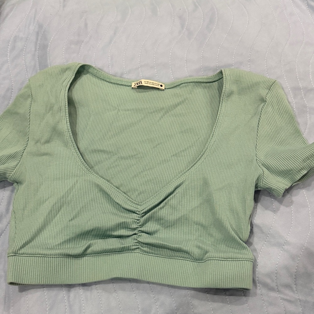 Zara Ribbed V-Neck Cropped Top in Light Sage
